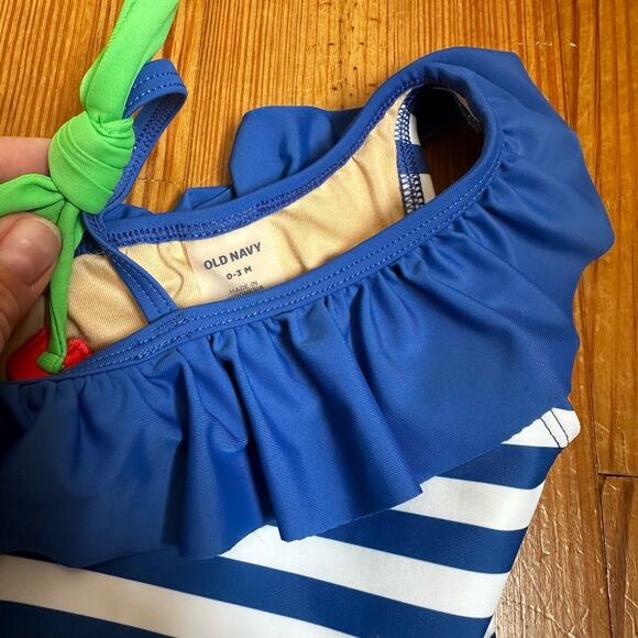 Old Navy white blue striped cherry ruffle one piece swimsuit SIZE 0-3M - Picture 2 of 4